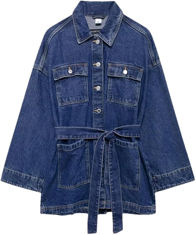 Long Trendy Denim Jacket for Women with Belt and Pockets
