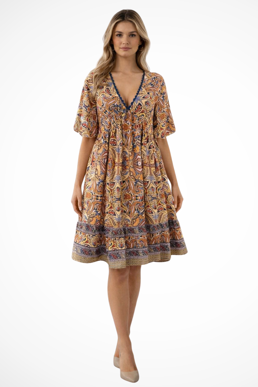 Soft Midi Summer Dress With V-Neck And Boho Print