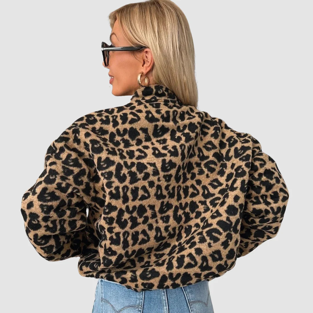 Trendy Comfortable Women's Bomber Jacket with Leopard Print and Zipper