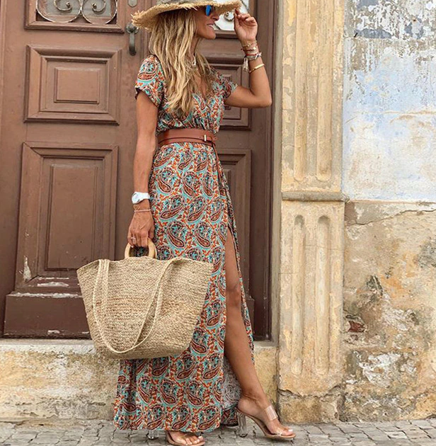 Bohemian Summer Women's Maxi Dress With Print And V Neck