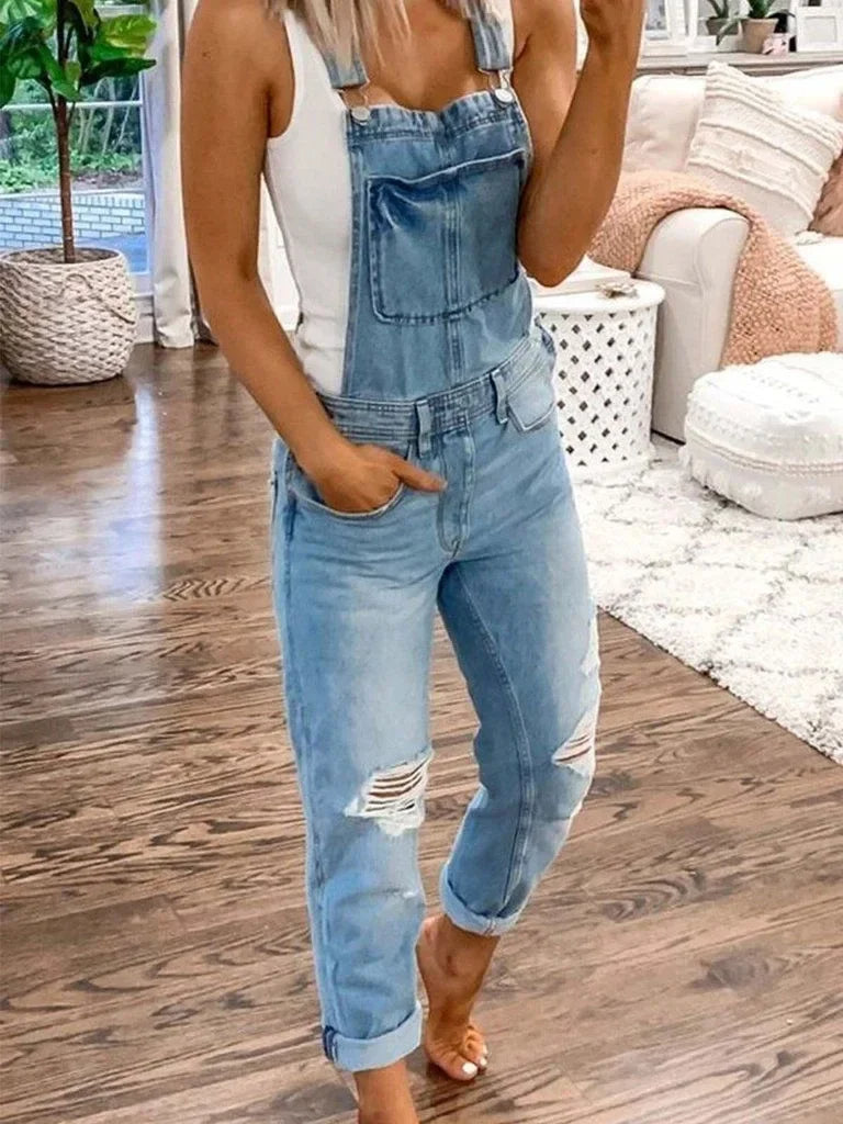 Trendy Women's Denim Jumpsuit with Ripped Details