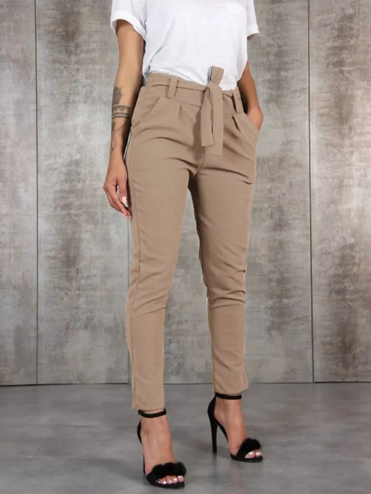 Elegant High Waist Women's Trousers with Belt