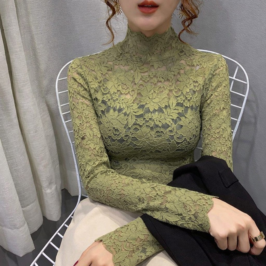 Chic Women's Lace Top with Long Sleeves and High Neck