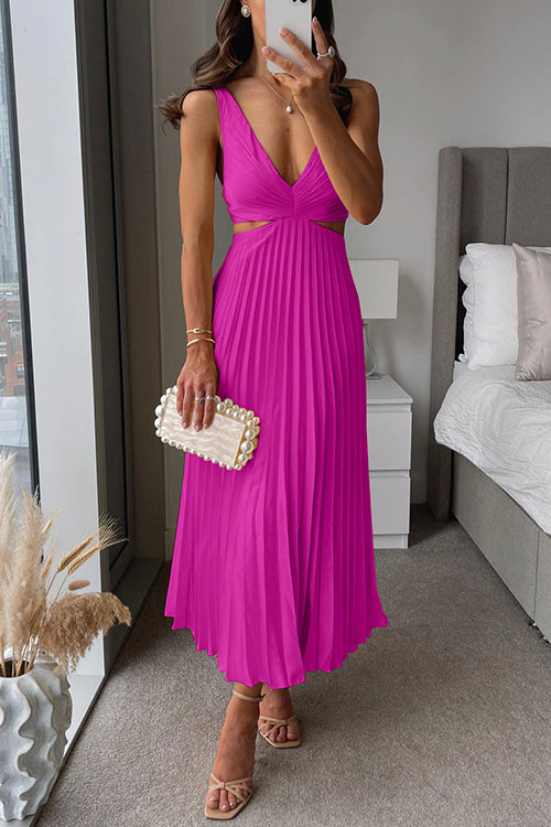 Claudy | Summer Pleated Midi Dress with Deep V-Neck