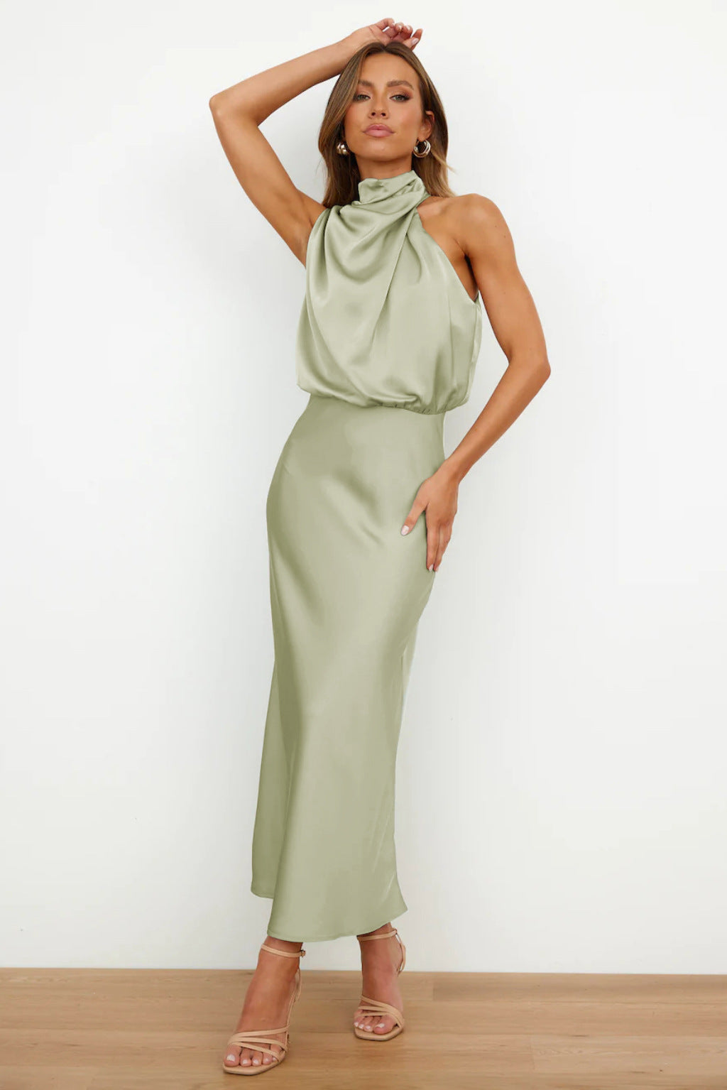 Nela| Satin Halter Midi Dress