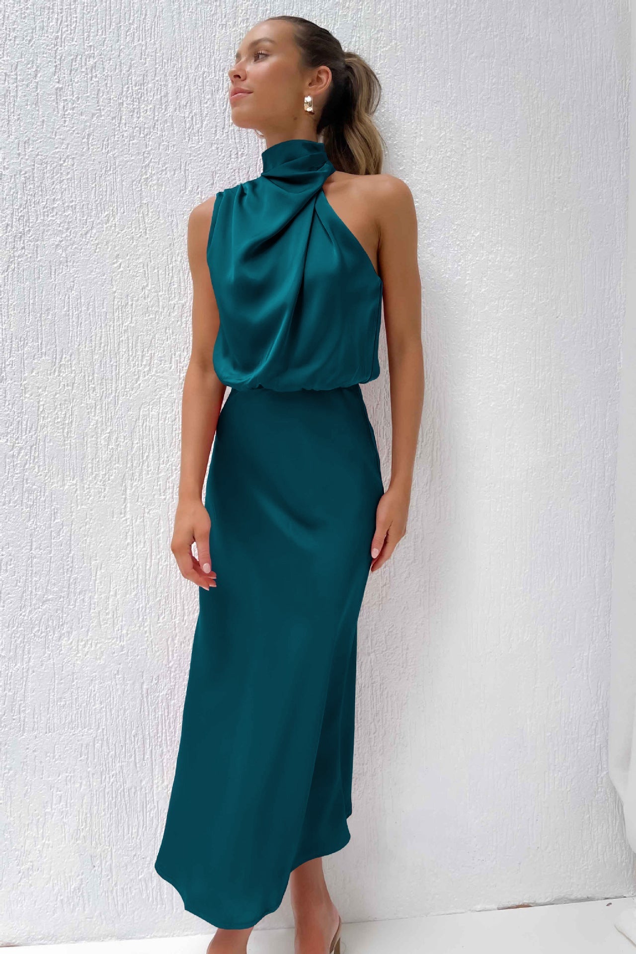 Nela| Satin Halter Midi Dress