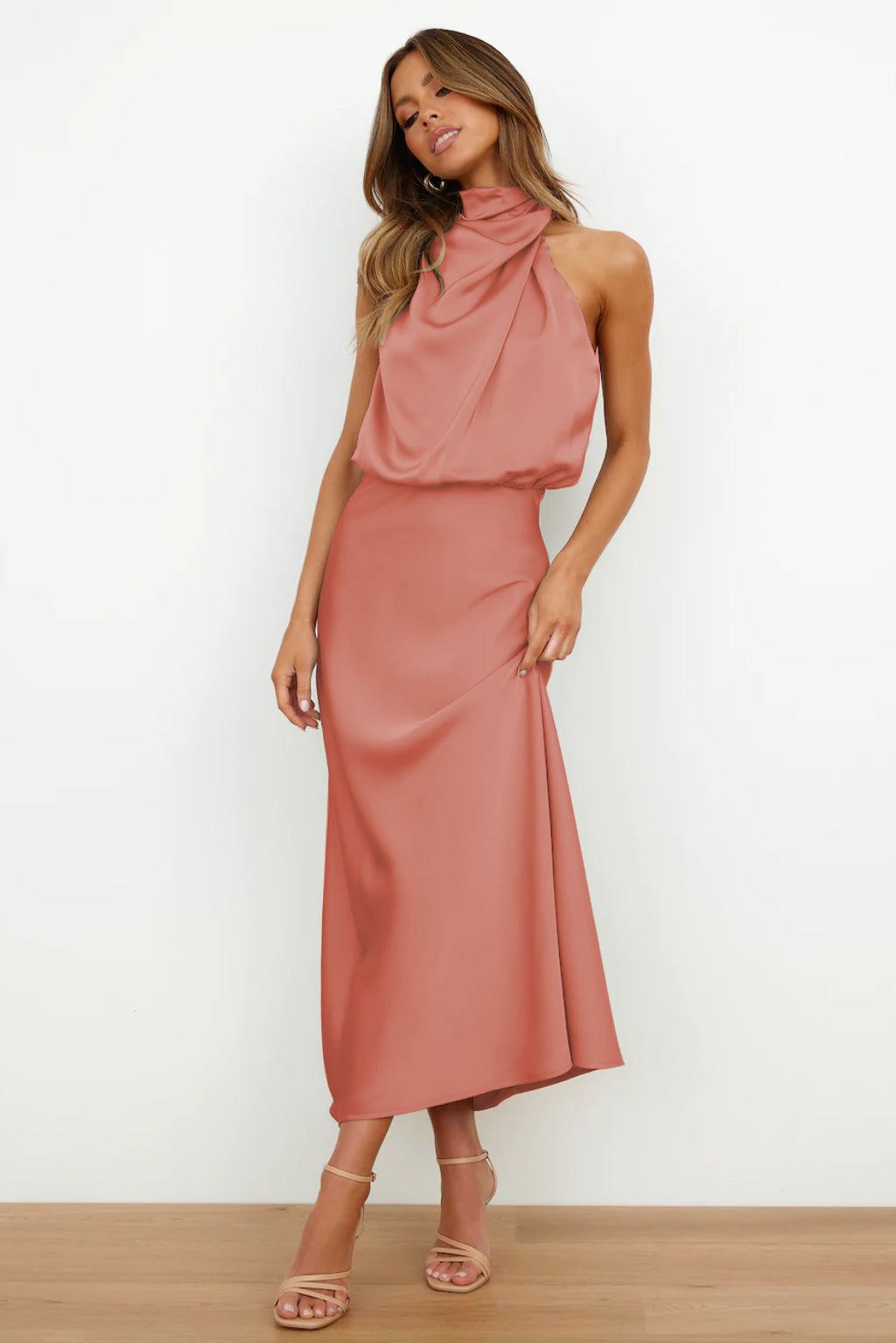 Nela| Satin Halter Midi Dress