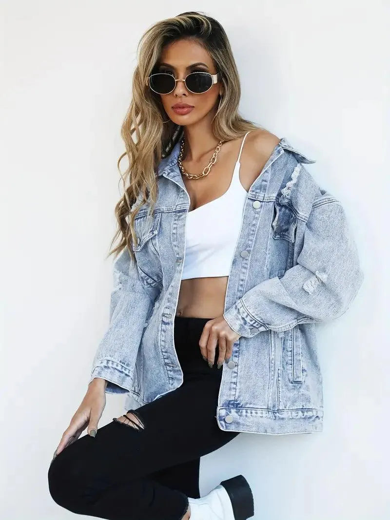 Women's Oversized Denim Jacket with Edgy Look and Snap Button Closure