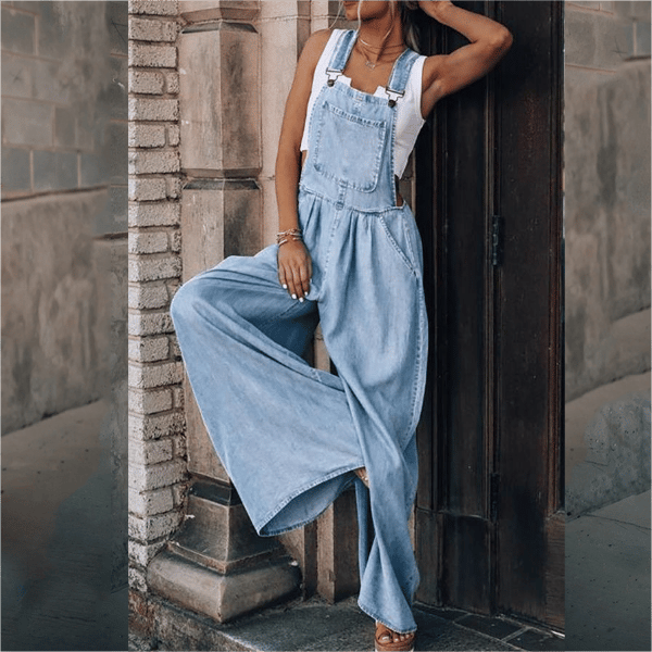 Trendy Women's Denim Jumpsuit with Wide Legs and Straps