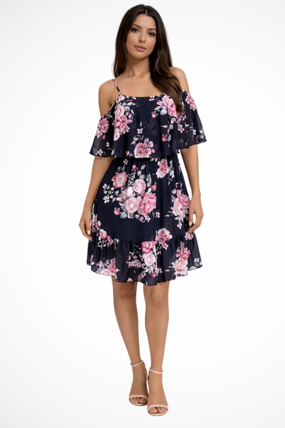 Airy Mini Summer Dress With Floral Print And Open Shoulders