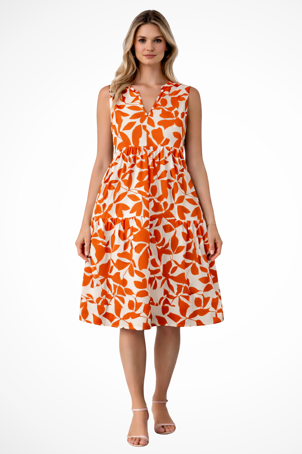 Airy Midi Summer Dress With V-Neck And Leaf Print