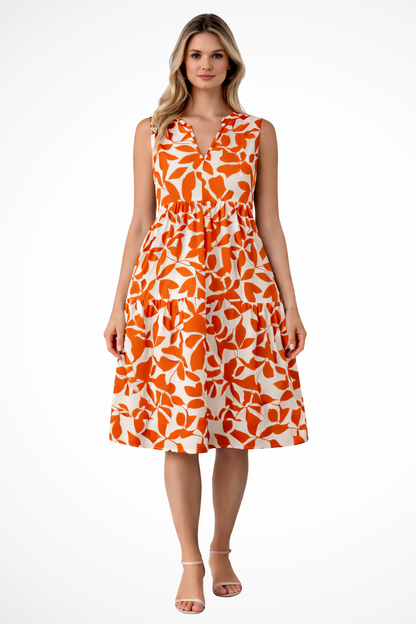 Airy Midi Summer Dress With V-Neck And Leaf Print