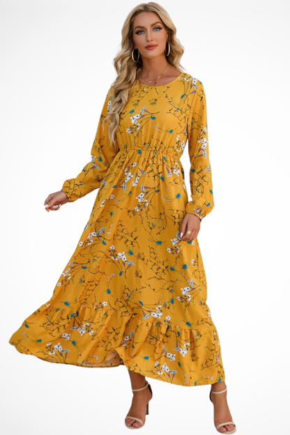 Maxi Summer Dress With Floral Print And Long Sleeves For Women