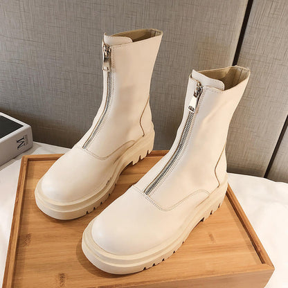 Elegant Women's Leather Ankle Boots With Warm Lining And Zipper