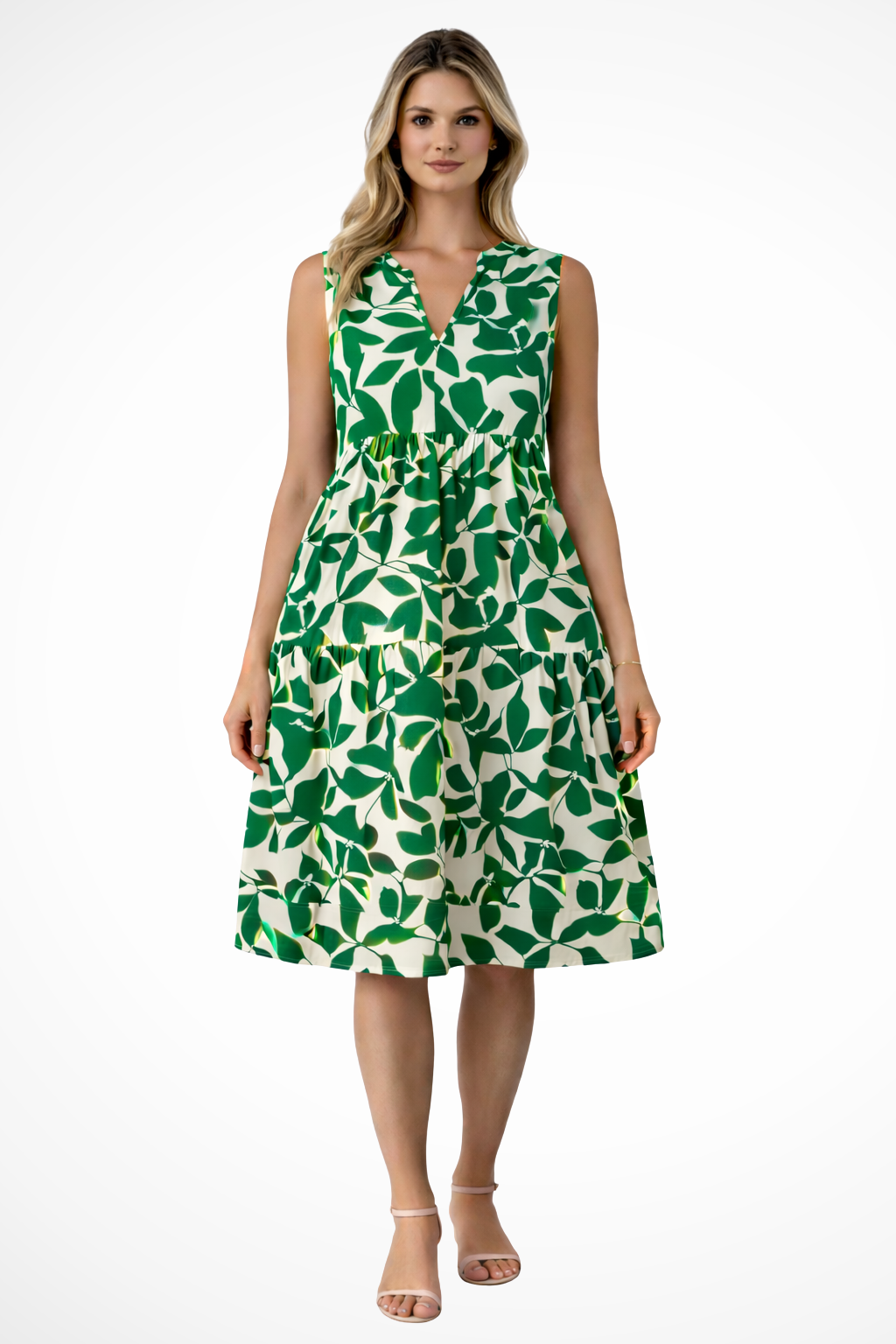 Airy Midi Summer Dress With V-Neck And Leaf Print