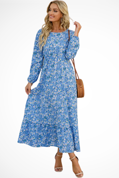 Maxi Summer Dress With Floral Print And Long Sleeves For Women