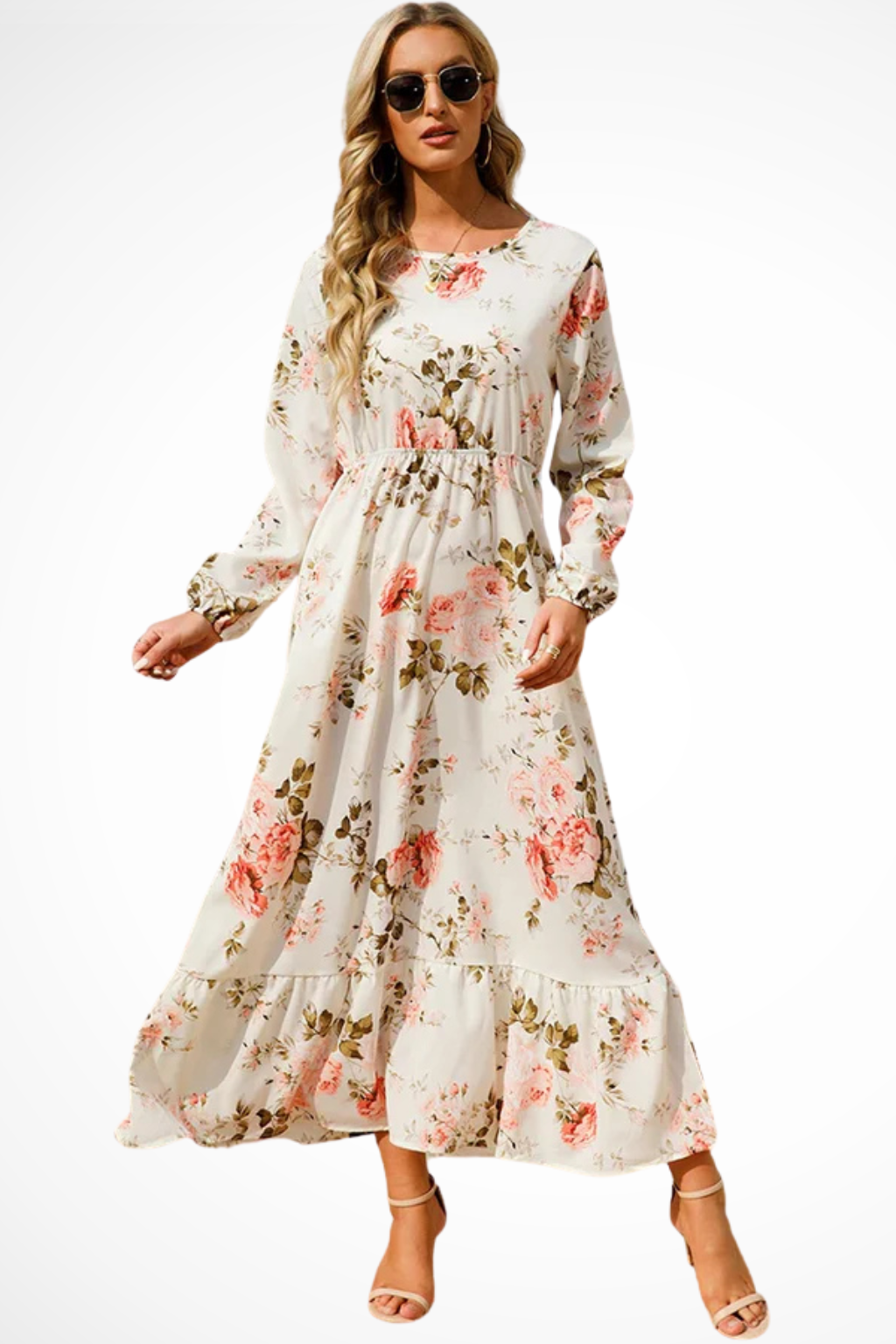 Maxi Summer Dress With Floral Print And Long Sleeves For Women