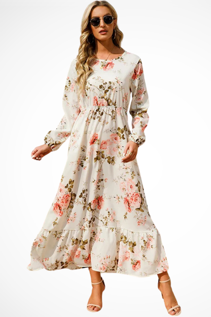 Maxi Summer Dress With Floral Print And Long Sleeves For Women