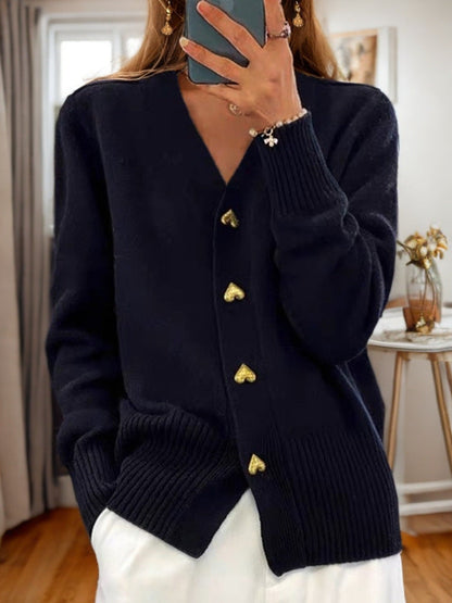 Women's Cardigan With Heart-shaped Buttons And Long Sleeves