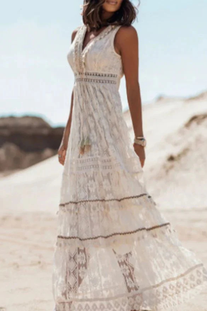 Boho Maxi Summer Dress With Lace Details And Tassels