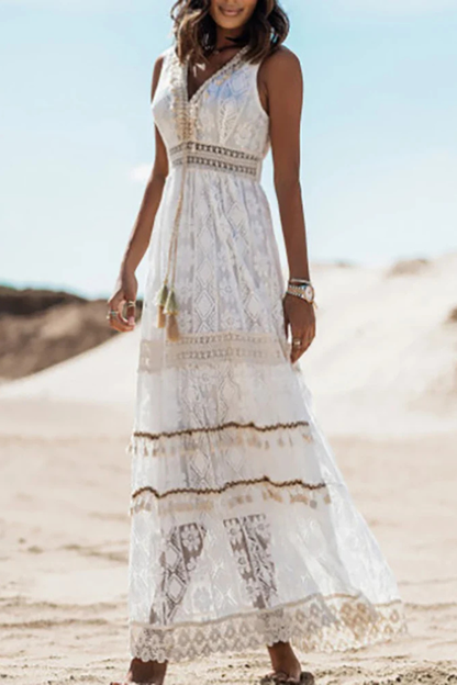 Boho Maxi Summer Dress With Lace Details And Tassels