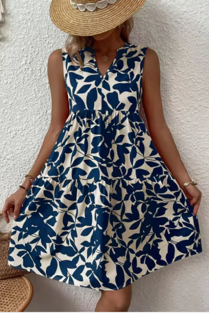 Airy Midi Summer Dress With V-Neck And Leaf Print