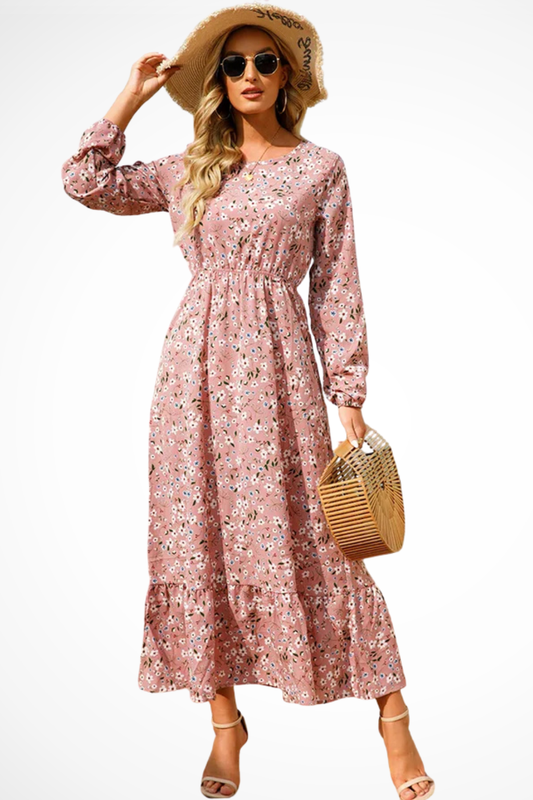 Maxi Summer Dress With Floral Print And Long Sleeves For Women