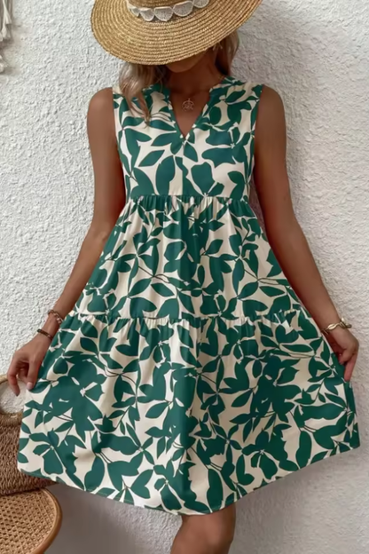 Airy Midi Summer Dress With V-Neck And Leaf Print