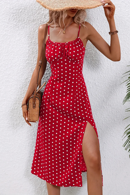Floral Midi Summer Dress With Slit And Spaghetti Straps
