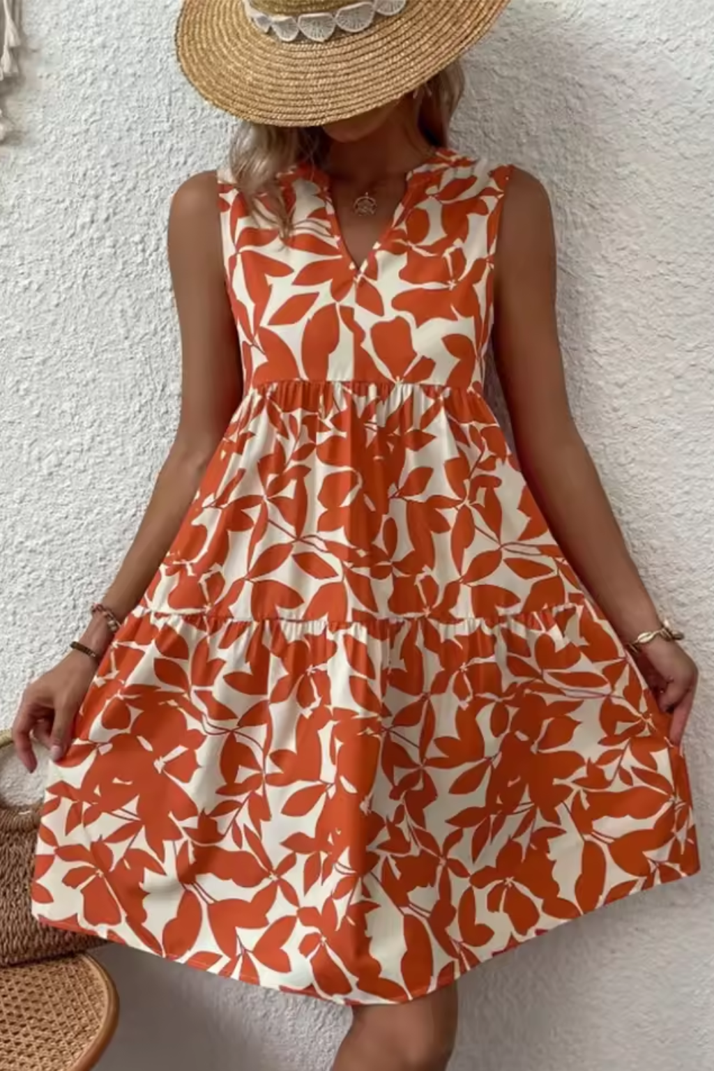 Airy Midi Summer Dress With V-Neck And Leaf Print