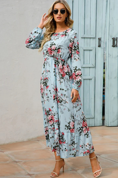 Maxi Summer Dress With Floral Print And Long Sleeves For Women