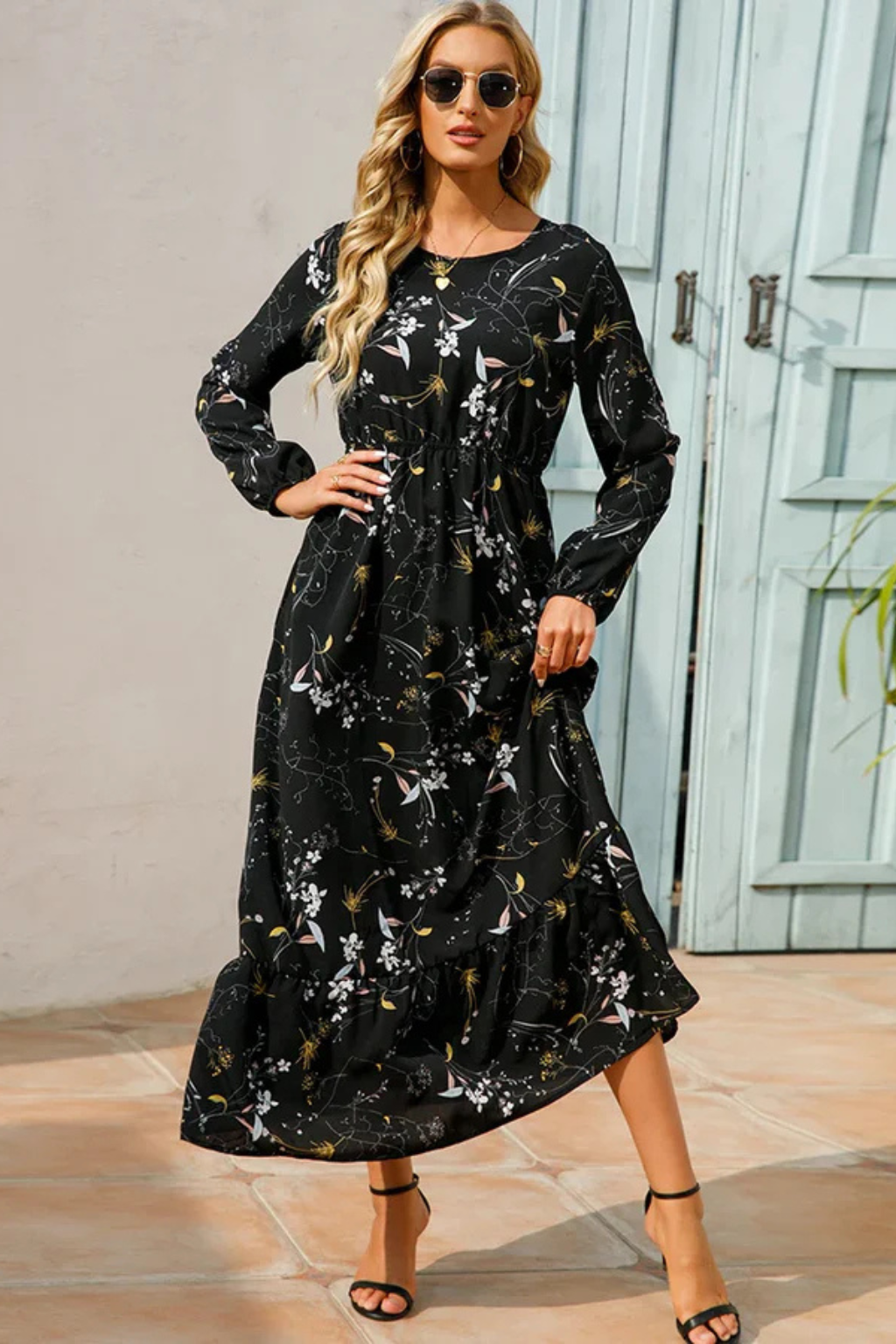 Maxi Summer Dress With Floral Print And Long Sleeves For Women