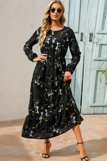 Maxi Summer Dress With Floral Print And Long Sleeves For Women