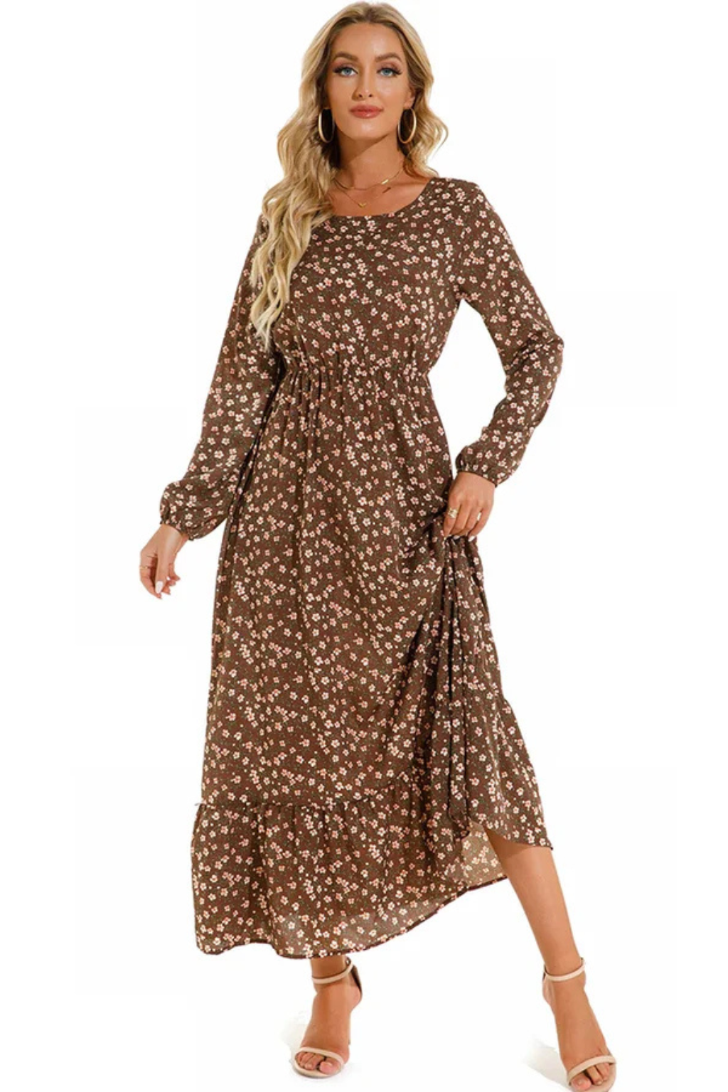 Maxi Summer Dress With Floral Print And Long Sleeves For Women