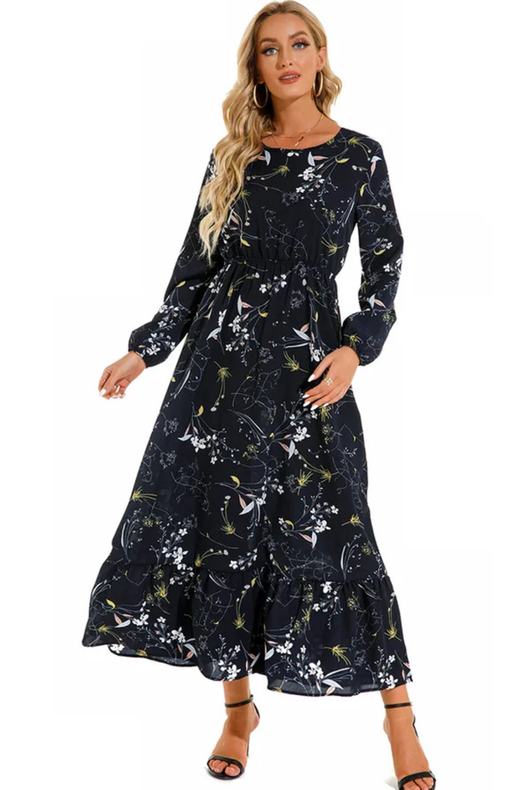 Maxi Summer Dress With Floral Print And Long Sleeves For Women