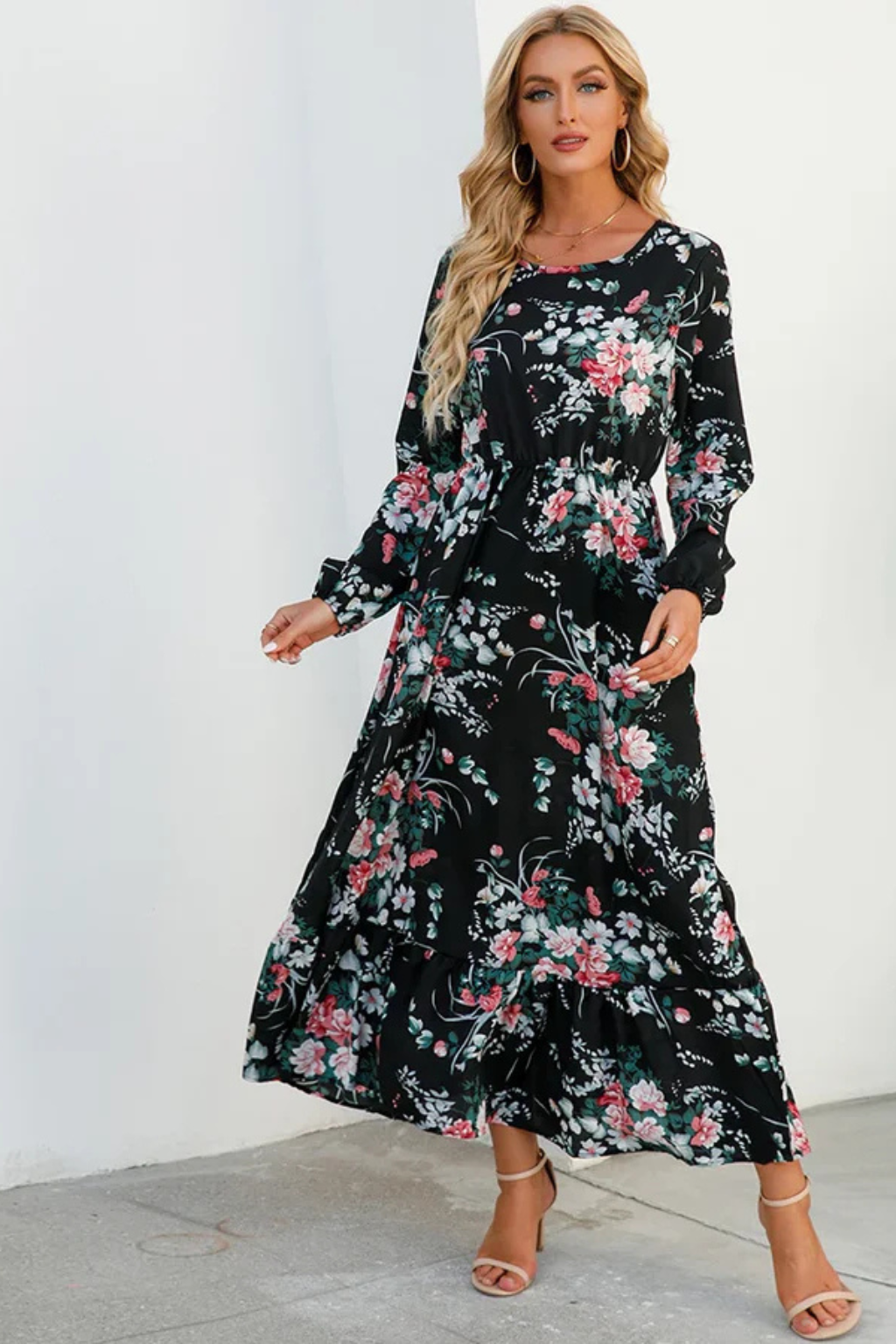 Maxi Summer Dress With Floral Print And Long Sleeves For Women