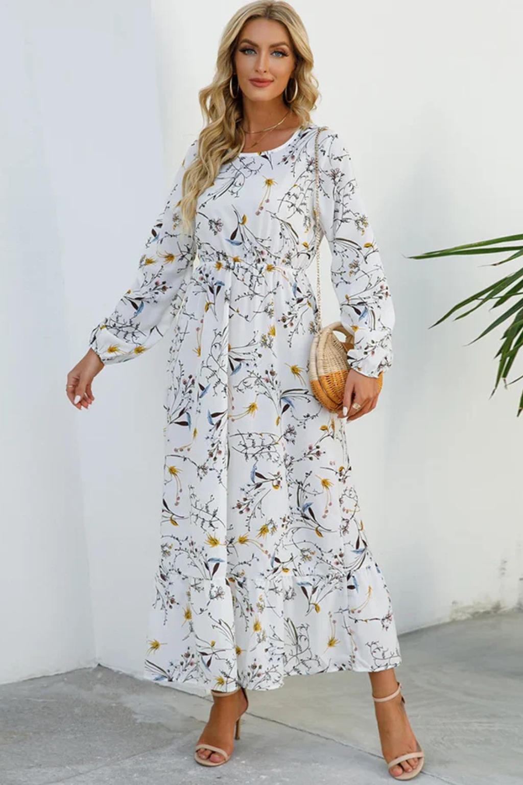 Maxi Summer Dress With Floral Print And Long Sleeves For Women