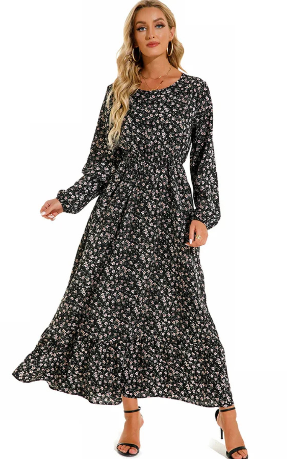 Maxi Summer Dress With Floral Print And Long Sleeves For Women
