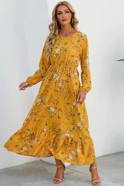 Maxi Summer Dress With Floral Print And Long Sleeves For Women
