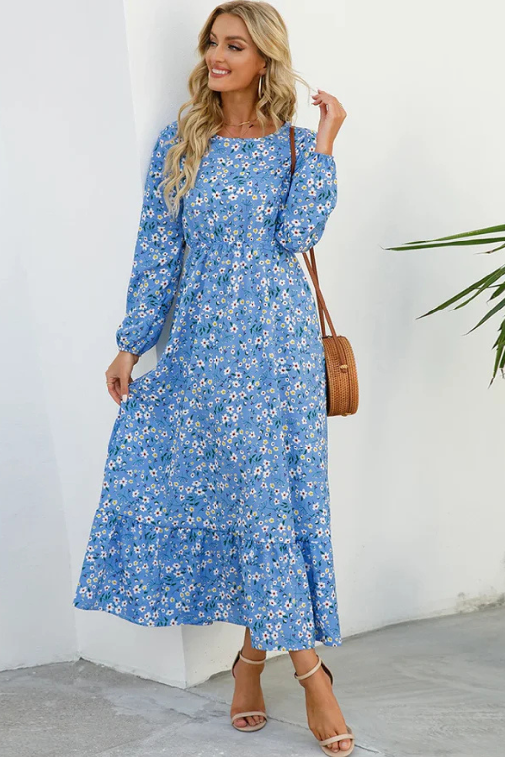 Maxi Summer Dress With Floral Print And Long Sleeves For Women