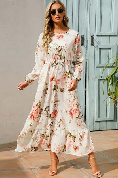 Maxi Summer Dress With Floral Print And Long Sleeves For Women