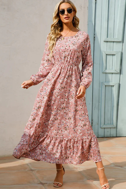 Maxi Summer Dress With Floral Print And Long Sleeves For Women