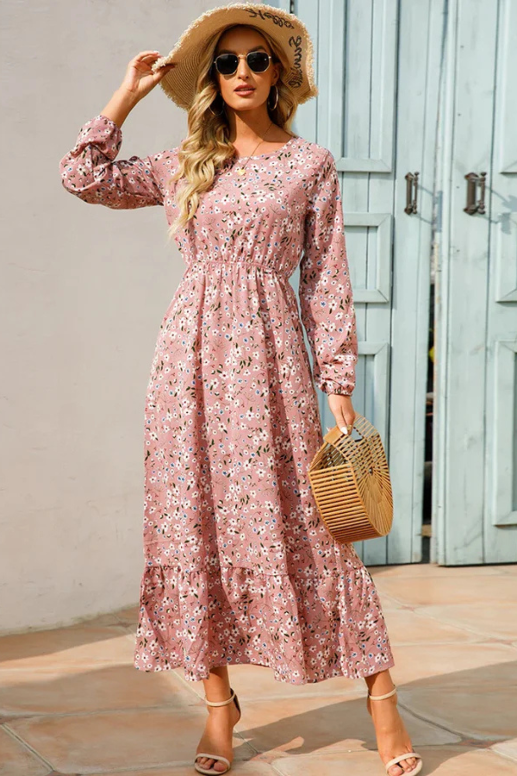 Maxi Summer Dress With Floral Print And Long Sleeves For Women