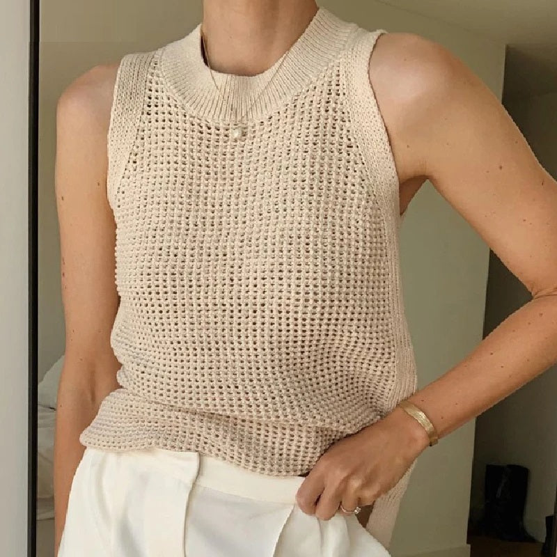 Beige Airy Women's Top with Knitted Details