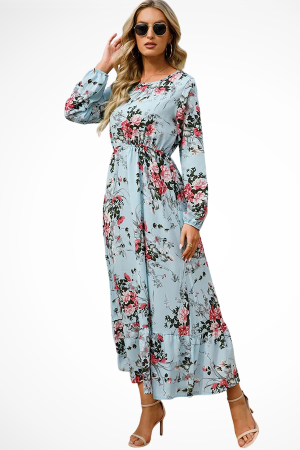 Maxi Summer Dress With Floral Print And Long Sleeves For Women