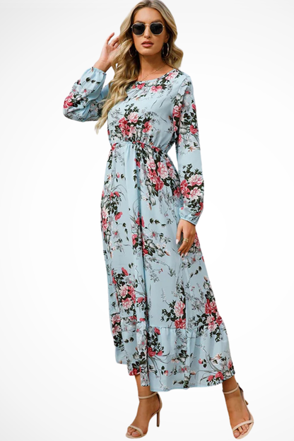 Maxi Summer Dress With Floral Print And Long Sleeves For Women