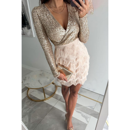 Seburga| Sparkling Sequin Dress with Feather Accent