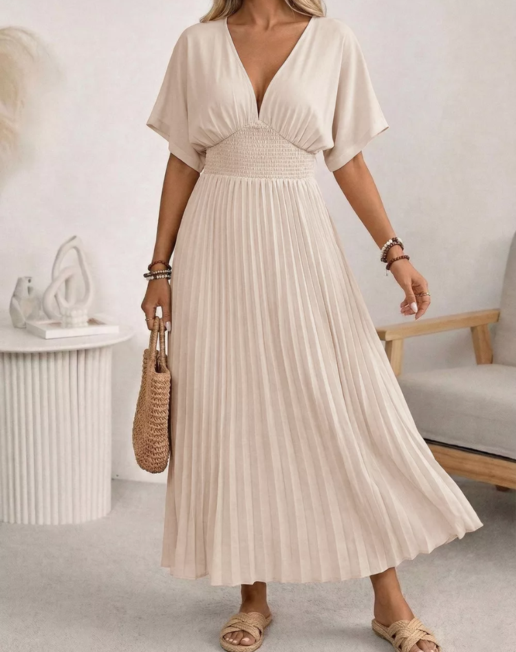 Airy Beige Midi Dress with V Neck and Buttons for Women