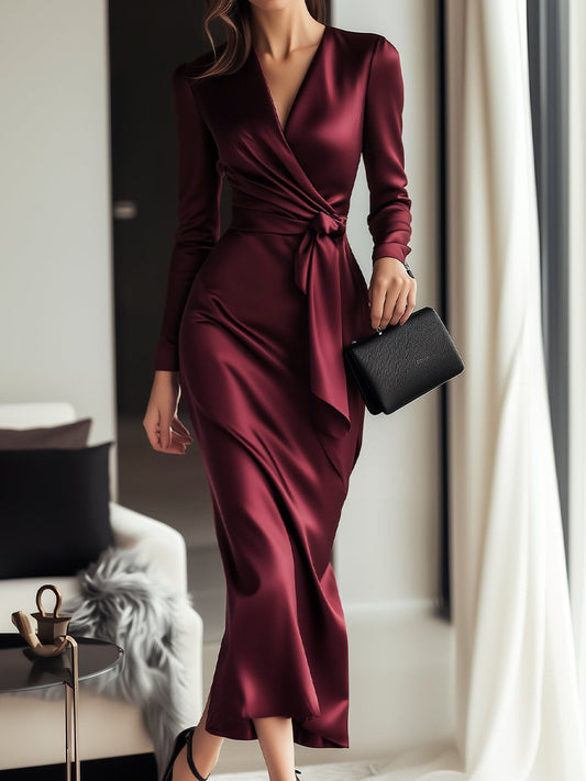 Luxury Women's Bordeaux Satin Gala Midi Dress With Wrap