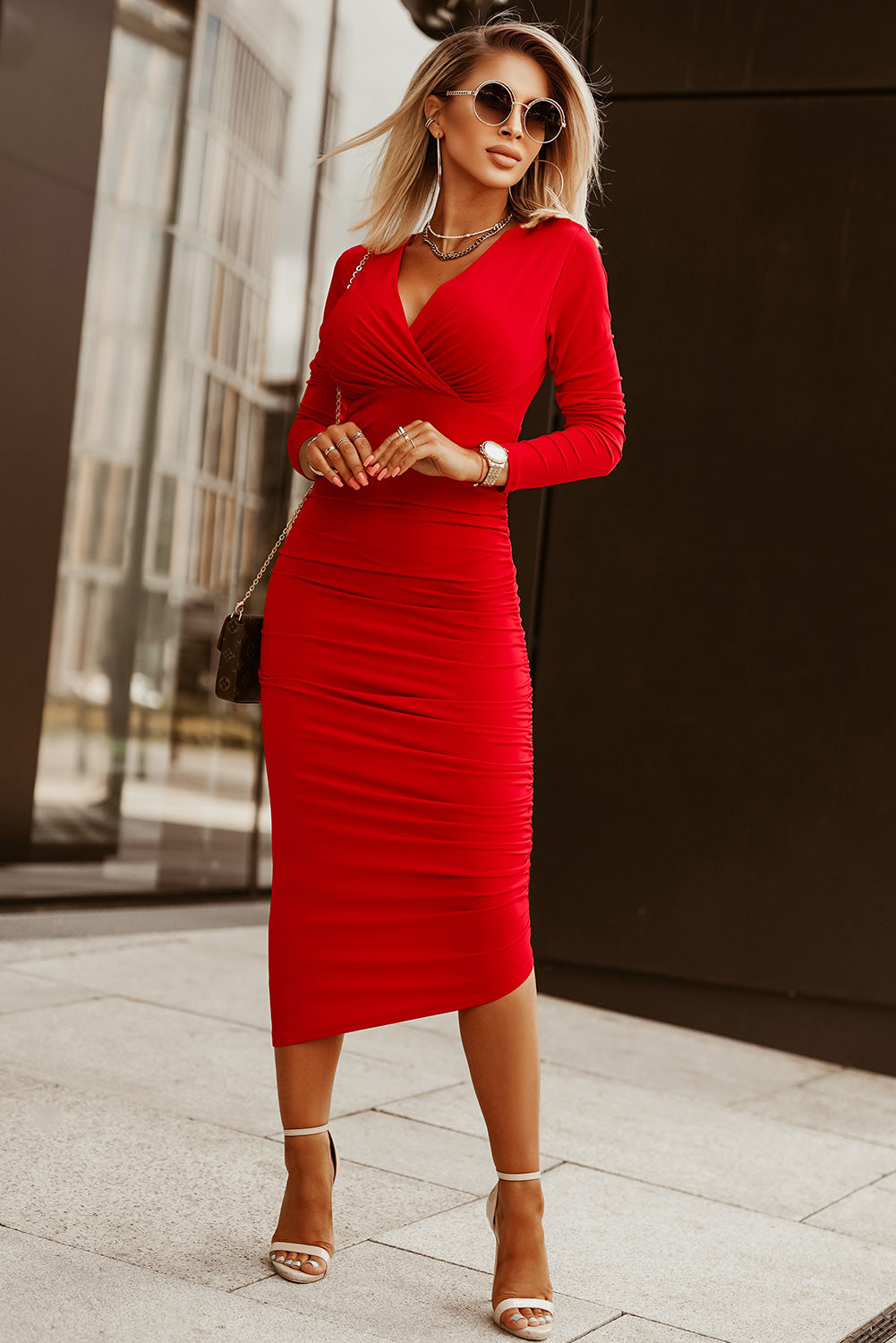 Red Midi Dress for Women with Long Sleeves and V-neck